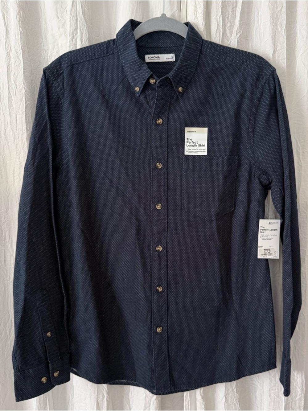 NWT Sonoma “Perfect Length Shirt” Mens Small Button Down Navy Blue Cotton